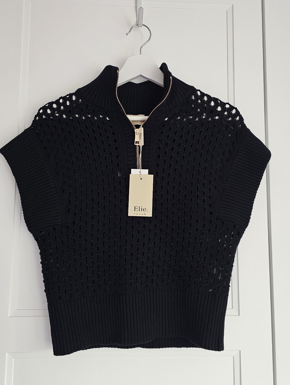 Elie Tahari Gaines Black Half-Zip Varley Knit Top Cap Vest 100% Cotton NWT $68